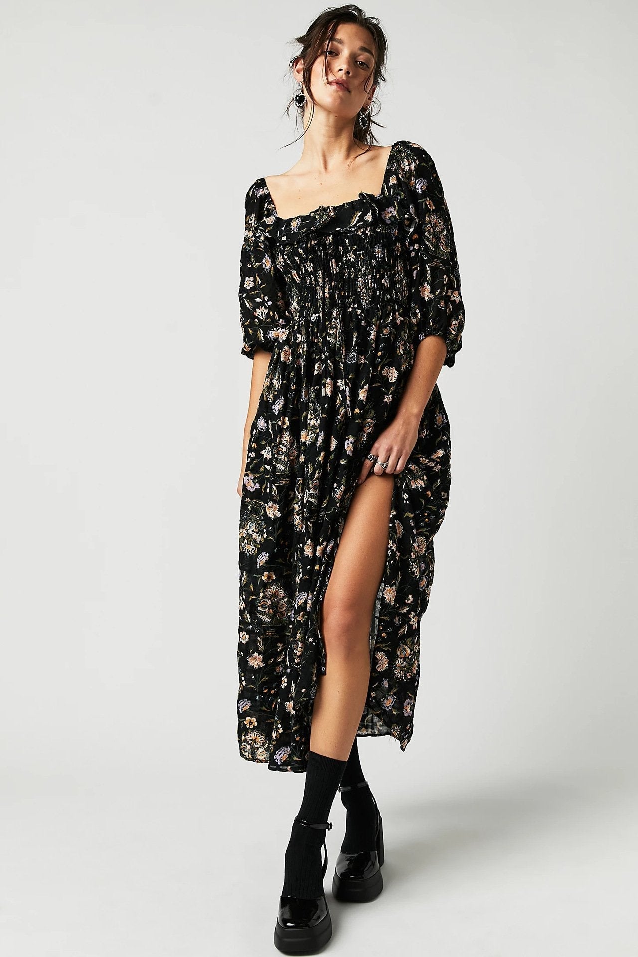 Quinn Midi Jurk Dames – Katoenen Jurk met Bloemen en Romantische Boheemse Stijl & Vleiende Pasvorm