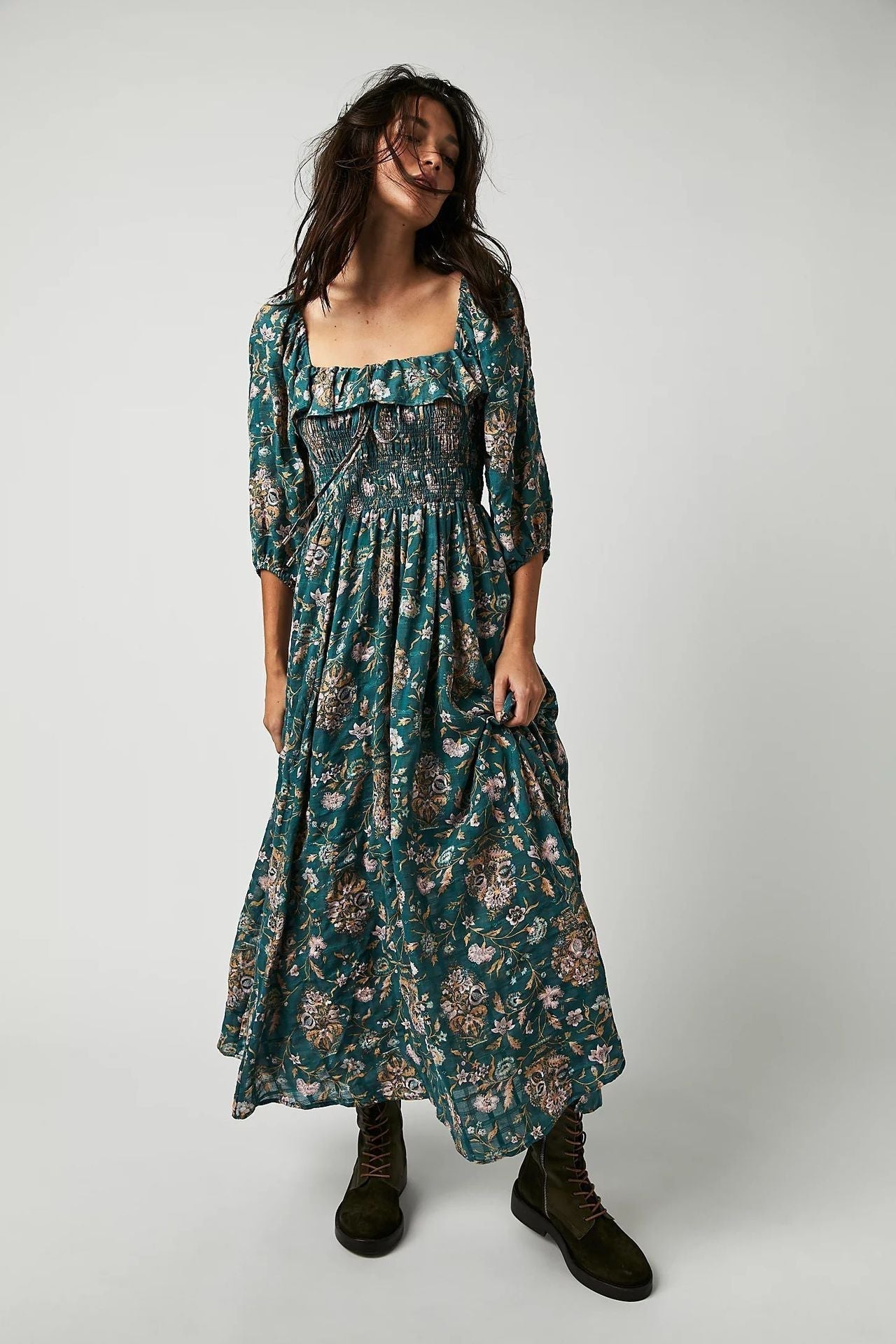 Quinn Midi Jurk Dames – Katoenen Jurk met Bloemen en Romantische Boheemse Stijl & Vleiende Pasvorm