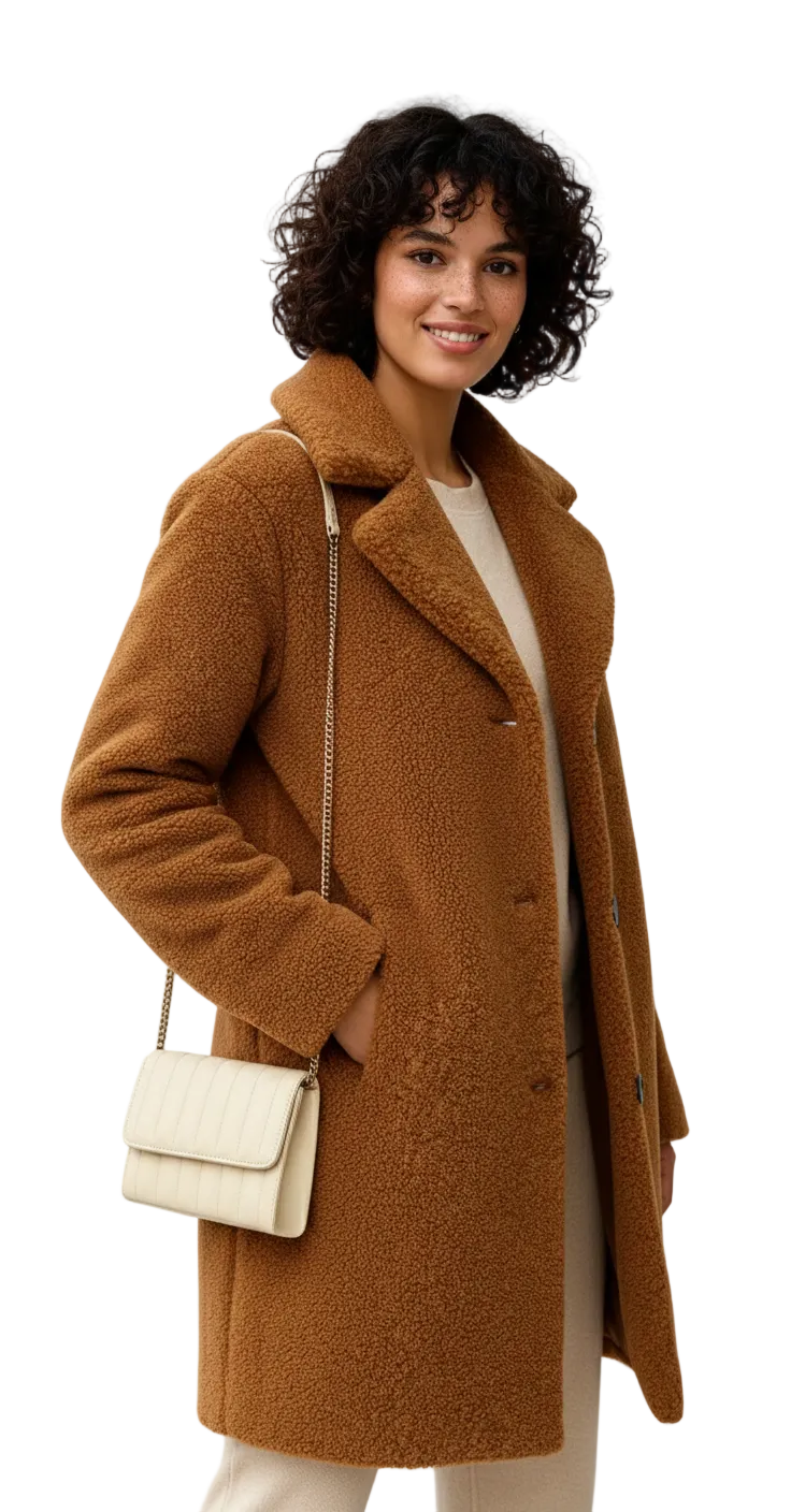 Mayleen Manteau Teddy Damski – Miękka i Ciepła Kurtka z Kołnierzem Rewersowym i Zapięciem na Guziki