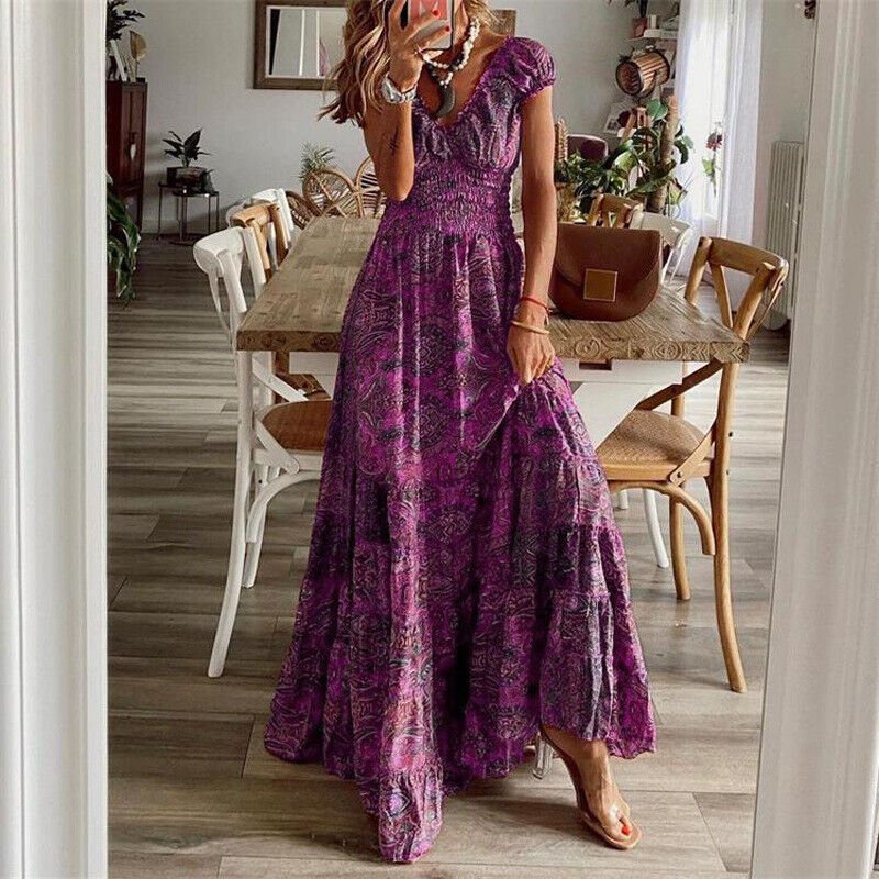 Lilliana Lange Damesjurk – Maxi Bloemenjurk met Ruches Rok & Elegante Boheemse Stijl