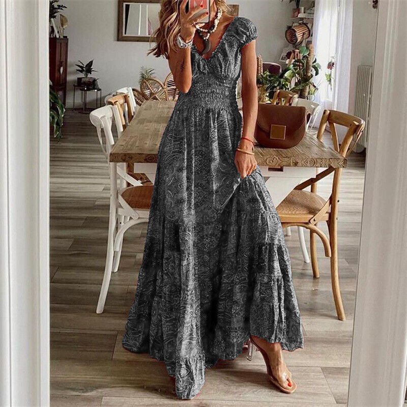 Lilliana Lange Damesjurk – Maxi Bloemenjurk met Ruches Rok & Elegante Boheemse Stijl