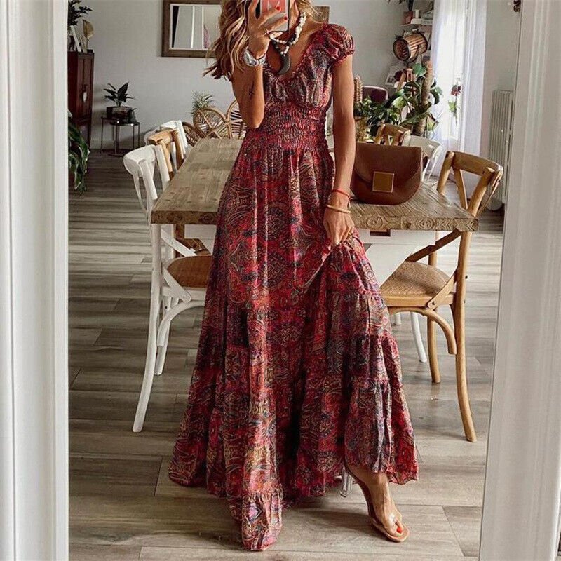 Lilliana Lange Damesjurk – Maxi Bloemenjurk met Ruches Rok & Elegante Boheemse Stijl
