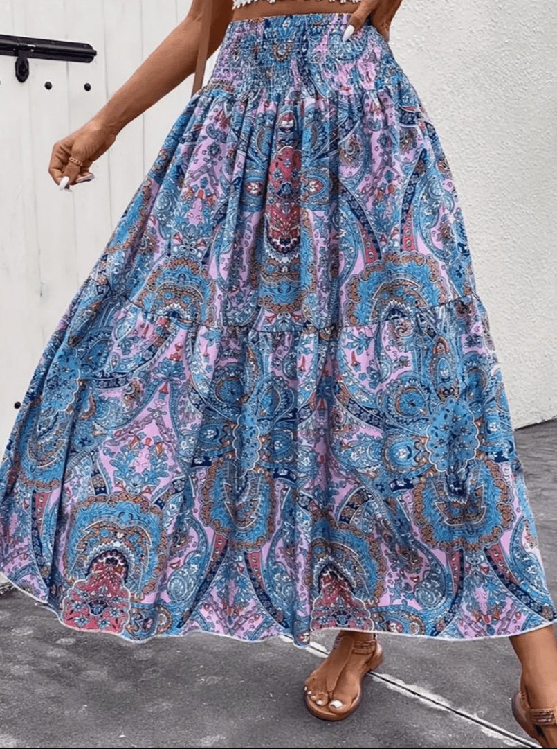 Serenity Φούστα Maxi Γυναικεία – Μακριά Φούστα Μποέμ με Εβαζέ Κοπή και Νομάδικο Σχέδιο