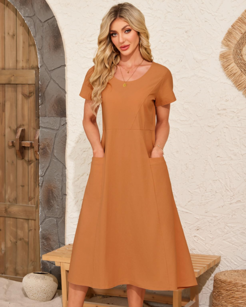 Sussie Maxikleid Damen Baumwolle – Sommerkleid mit Rundhalsausschnitt, weiter Schnitt & bequemen Taschen