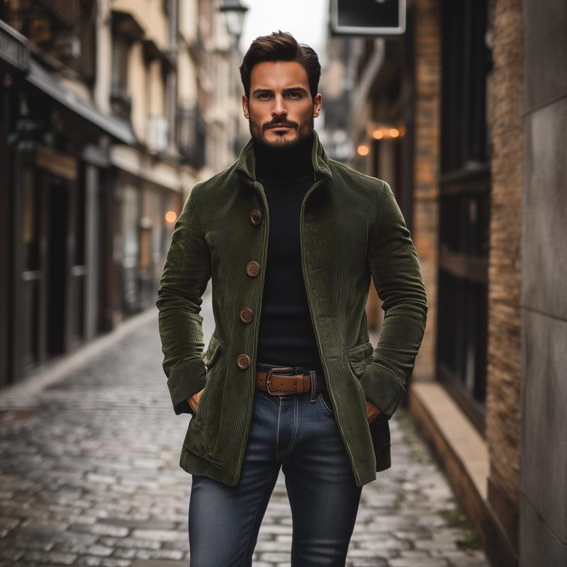 Cappotto in velluto a coste da uomo Emerson - Vestibilità slim con collo alto ed eleganti tasche laterali