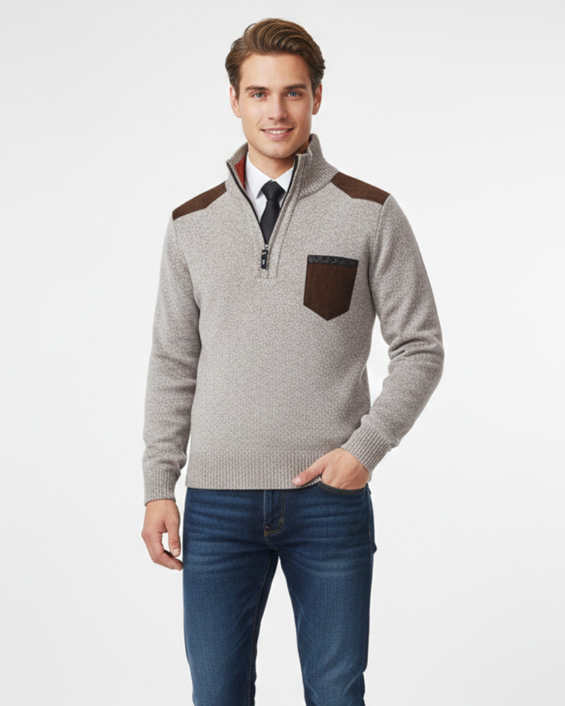 Tristan Herre Uldtrøje med Halv Lynlås – Elegant Pullover med Brystlomme & Komfortabel Pasform