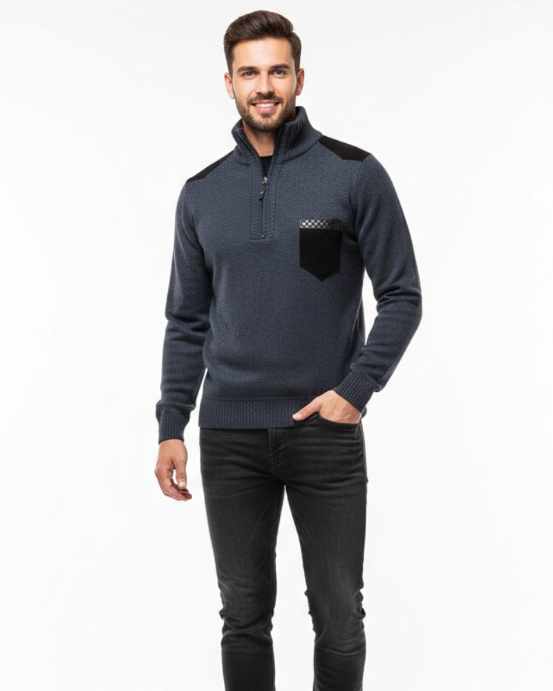 Tristan Herre Uldtrøje med Halv Lynlås – Elegant Pullover med Brystlomme & Komfortabel Pasform