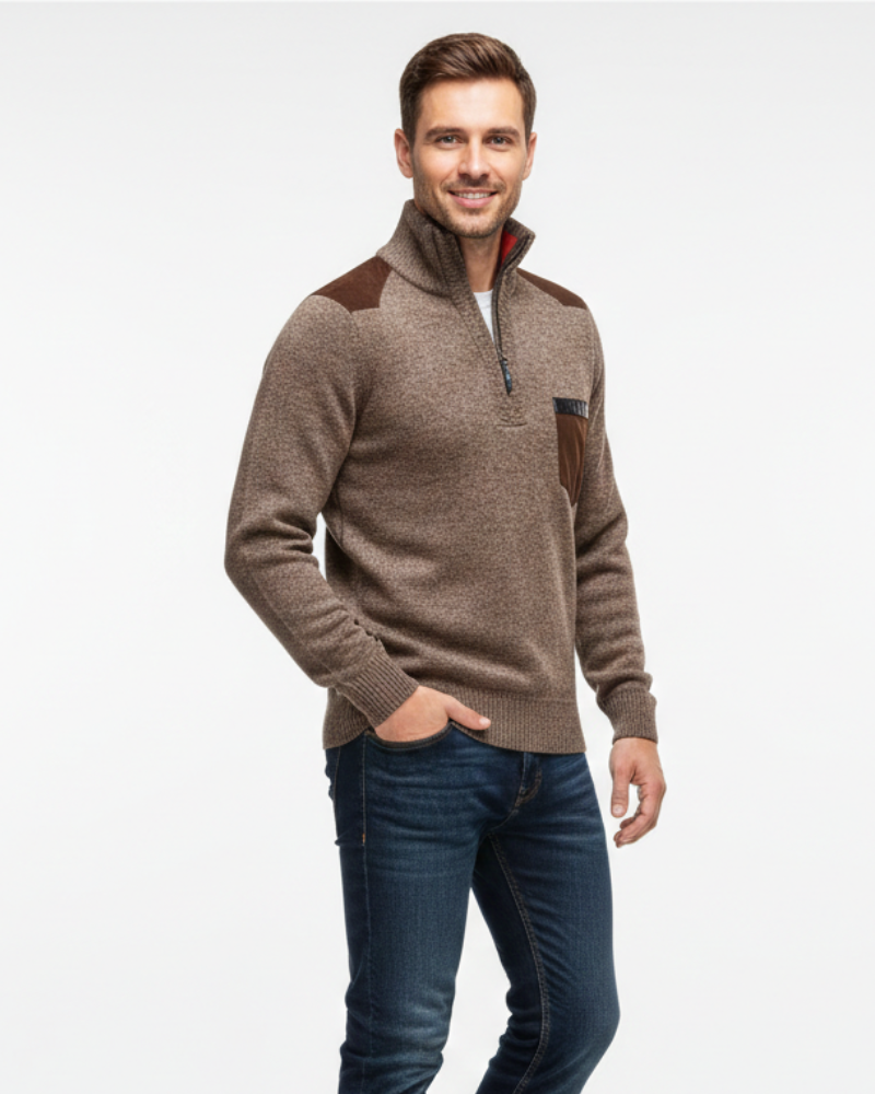 Tristan Herre Uldtrøje med Halv Lynlås – Elegant Pullover med Brystlomme & Komfortabel Pasform