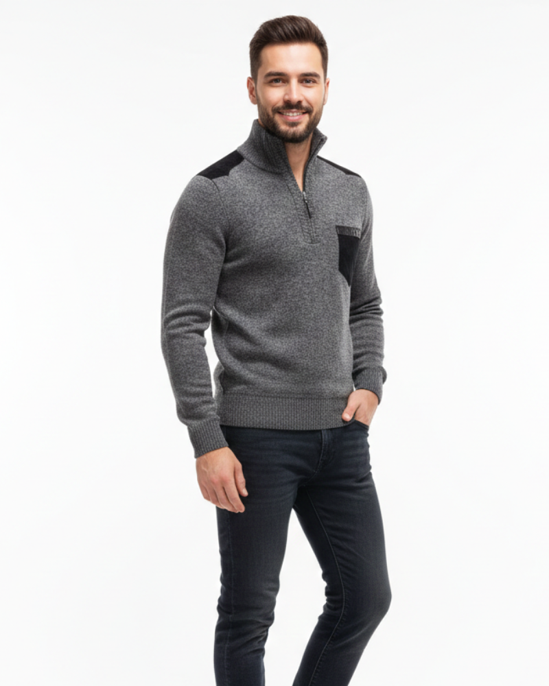 Tristan Herre Uldtrøje med Halv Lynlås – Elegant Pullover med Brystlomme & Komfortabel Pasform