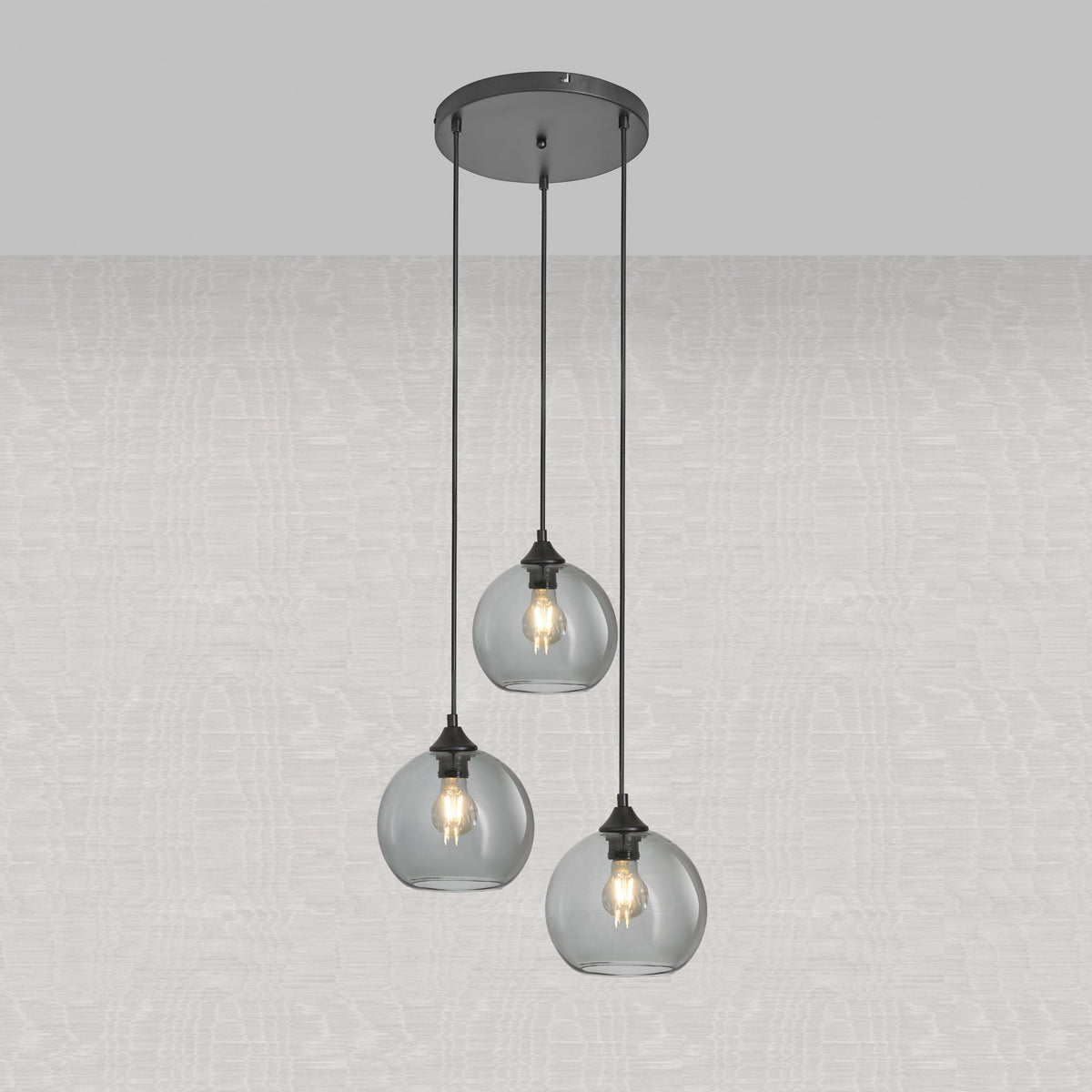 Závěsná lampa 3-bodová koule kouřové sklo černá industriální obývací pokoj jídelna LED