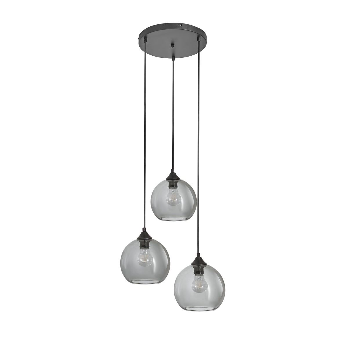 Závěsná lampa 3-bodová koule kouřové sklo černá industriální obývací pokoj jídelna LED