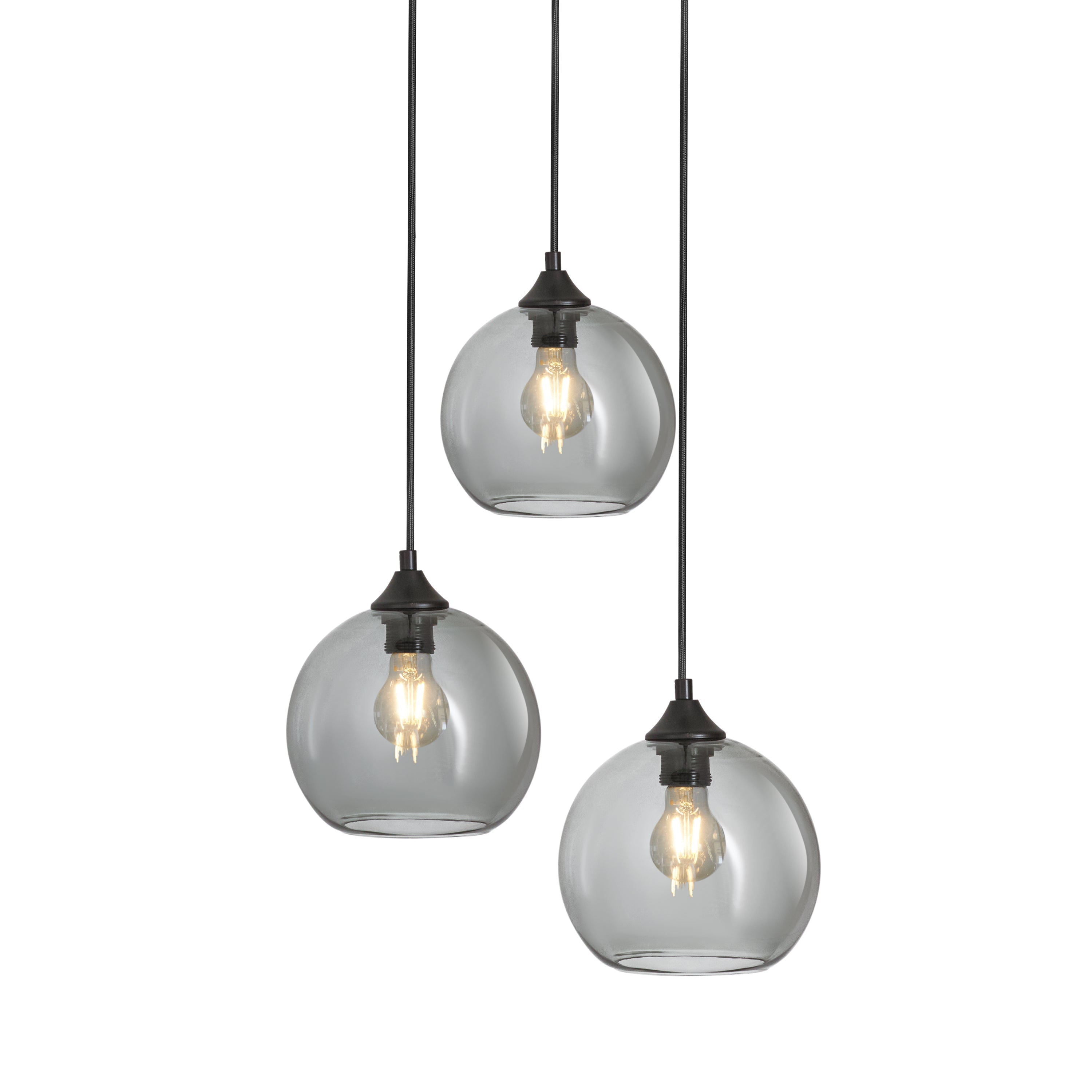 Závěsná lampa 3-bodová koule kouřové sklo černá industriální obývací pokoj jídelna LED