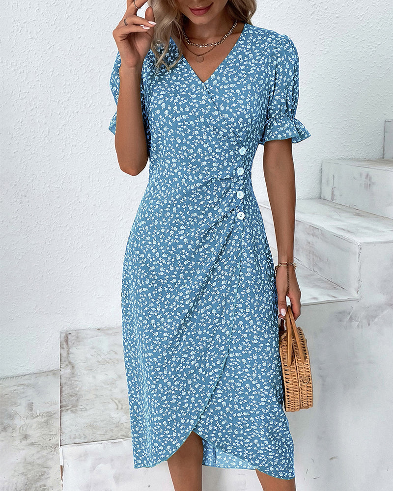 Quincy Zomerse Jurk Dames – Bloemenjurk met Korte Mouwen en Elegante Knopsluiting