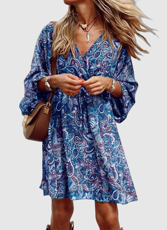 Vestido Boémio Edith para Mulher – Estampado em Padrão Cachemira, Mangas Evasées 3/4 e Corte Fluido