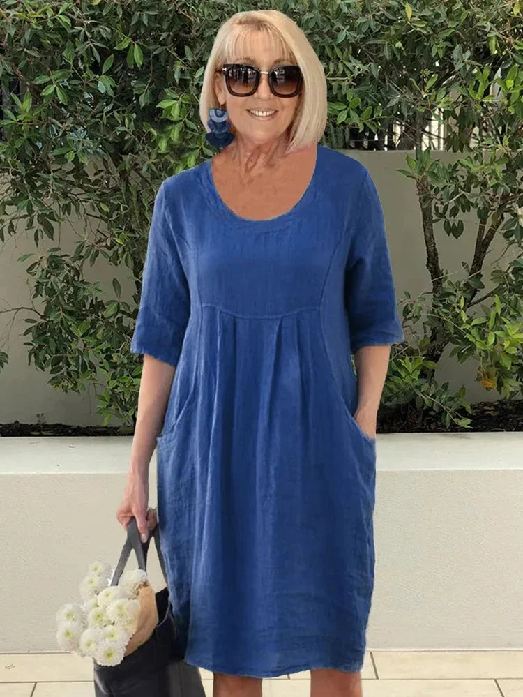 Dorothy Robe Femme – Tunique Midi en Coton-Lin Unie avec Poches Pratiques & Style Décontracté