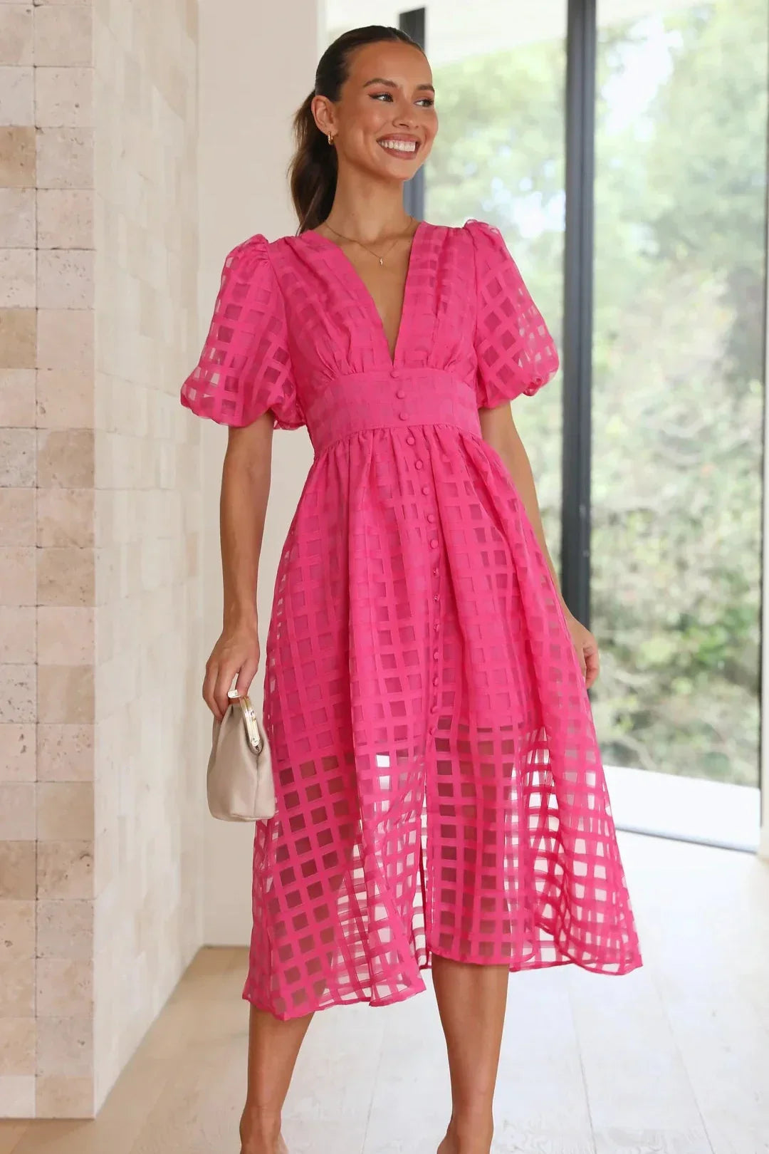 Mylene Robe Midi Femme – Robe à Carreaux Chic avec Volume & Couleur Vive