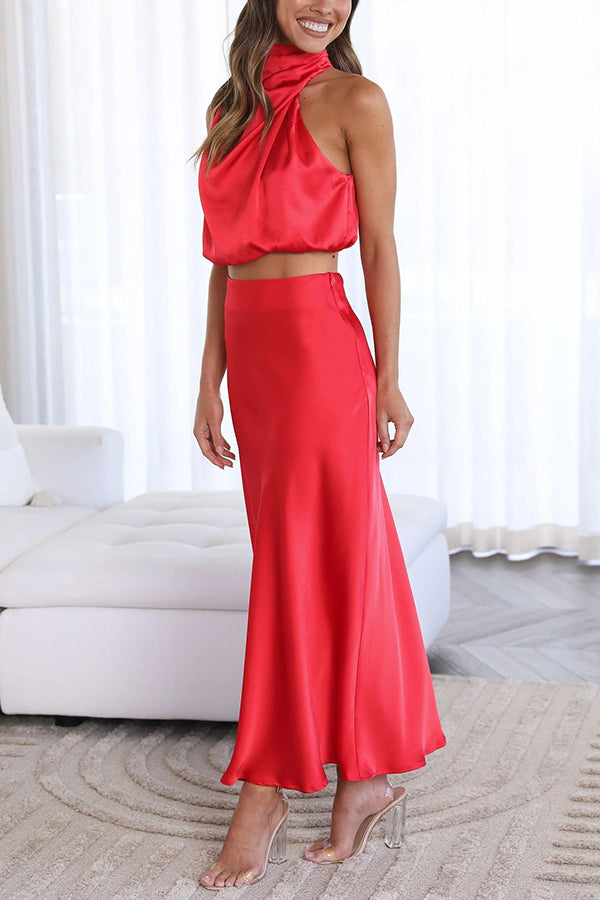 Annie Ensemble Satin Femme – Elegantes 2-teiliges Set mit langärmligem Oberteil & fließender Hose mit hoher Taille