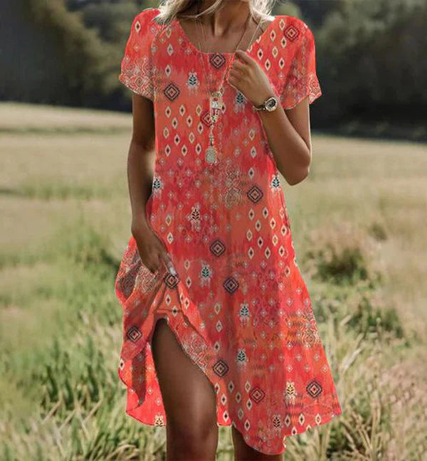 Aria Robe Midi Femme – Kjole Orange med Korte Ærmer, Rund Hals & Elegant Komfort