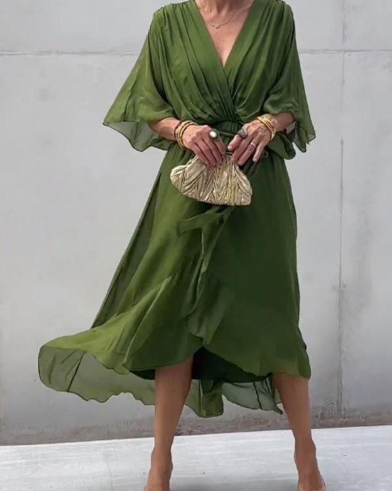 Robe Femme Cristi – Élégante Robe Portefeuille avec Manches Chauve-Souris & Ourlet Asymétrique