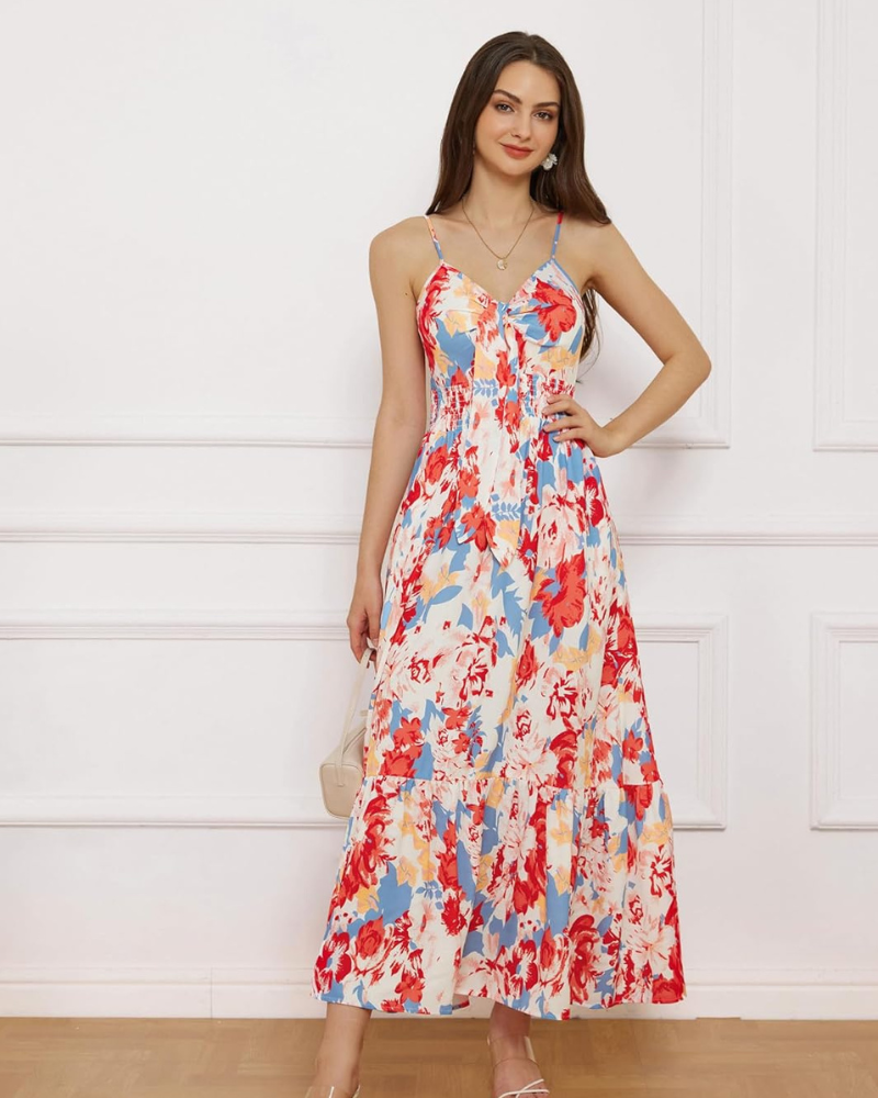 Darla Robe Femme Maxi Fleurie – Bretelles Fines, Col V, Taille Nouée Bohème Été