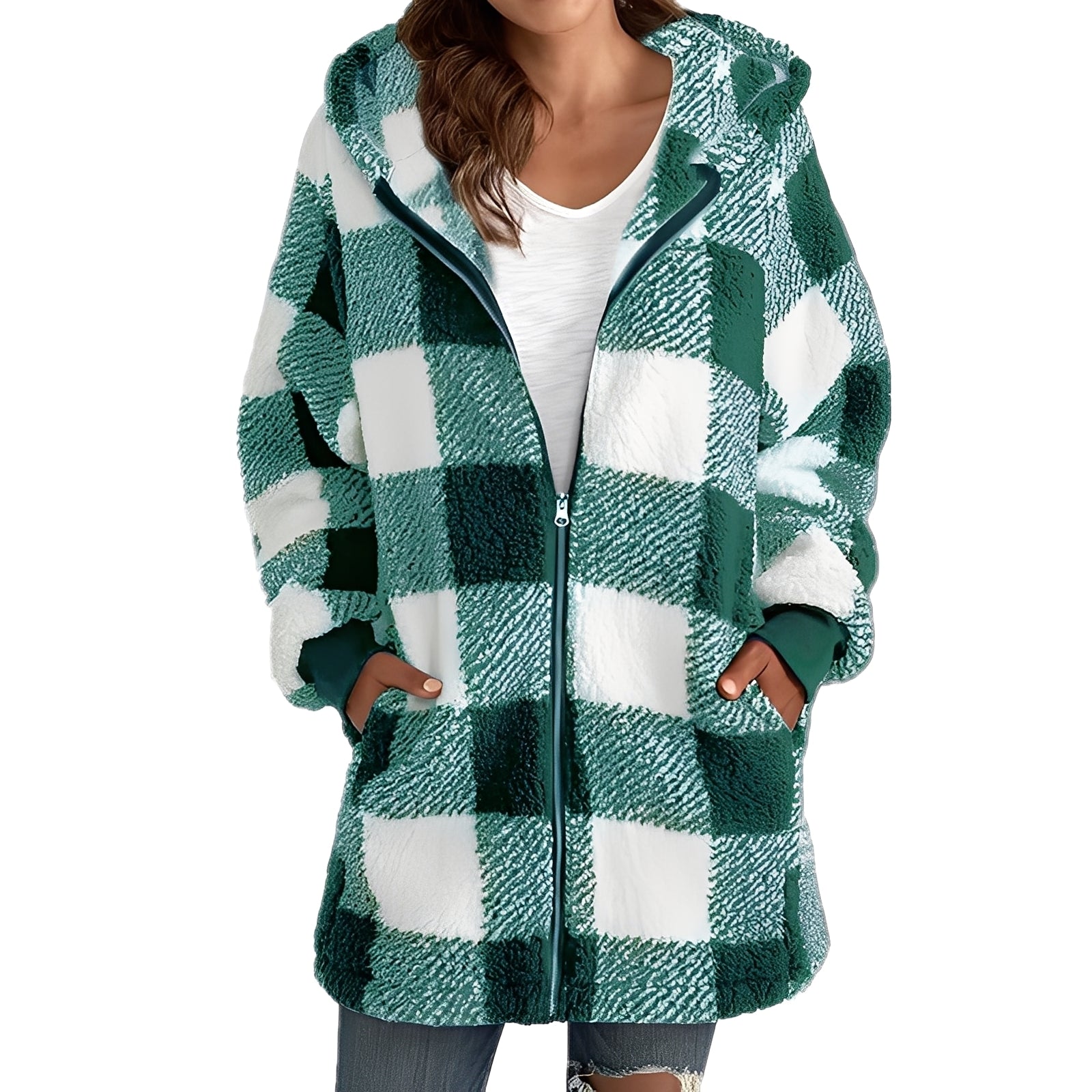 Madison Veste à Capuche à Carreaux pour Femme – Měkký a teplý kabát s pohodlným střihem a módním kostkovaným designem