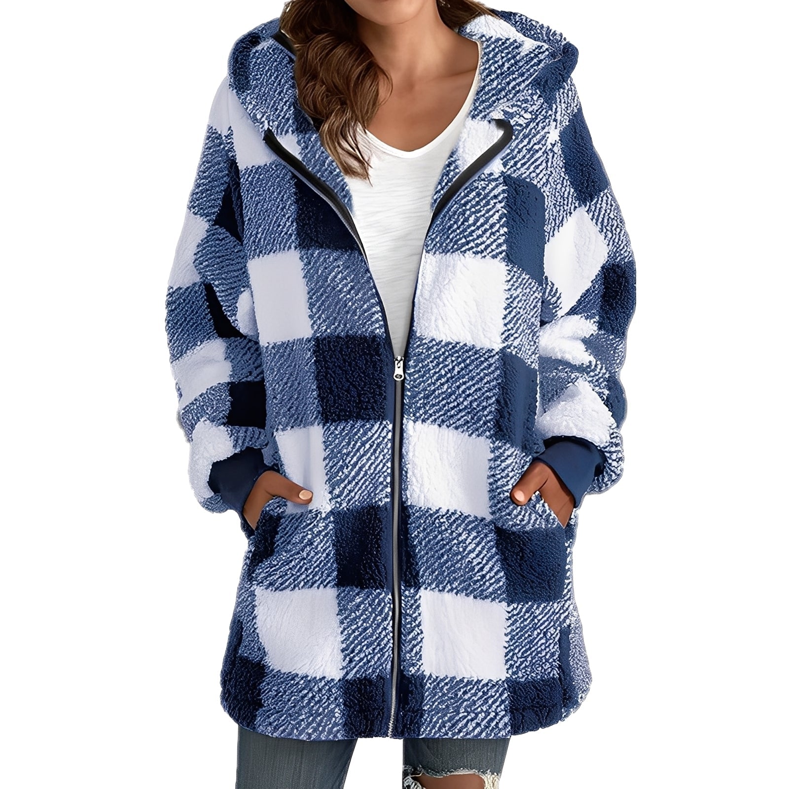 Madison Veste à Capuche à Carreaux pour Femme – Měkký a teplý kabát s pohodlným střihem a módním kostkovaným designem