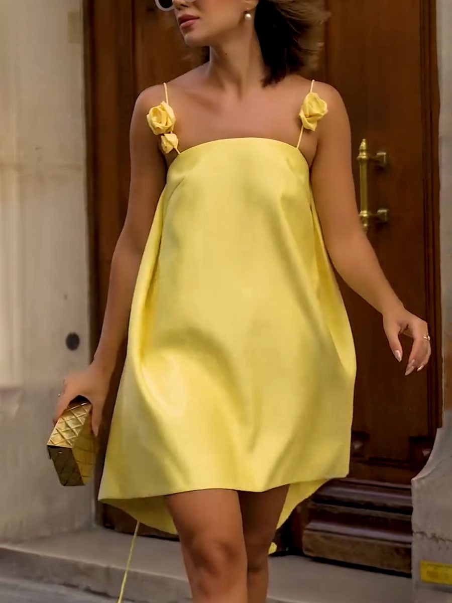 Genesis Robe d'Été Femme – Gul bomulds kjole i A-linje med blomstrede stropper & let pasform