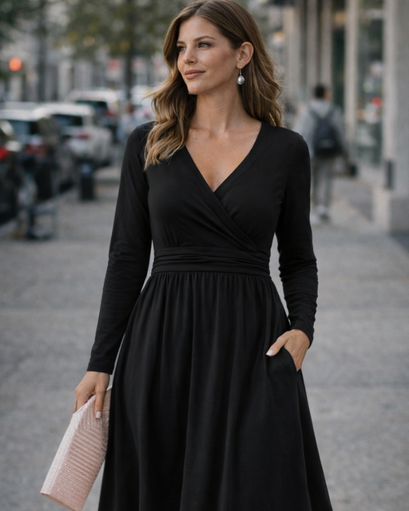 Regina Robe Femme – Col V Uni, Manches Longues & Coupe A-Line Midi avec Poches