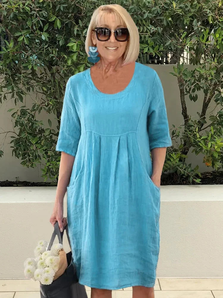 Dorothy Robe Femme – Tunique Midi en Coton-Lin Unie avec Poches Pratiques & Style Décontracté