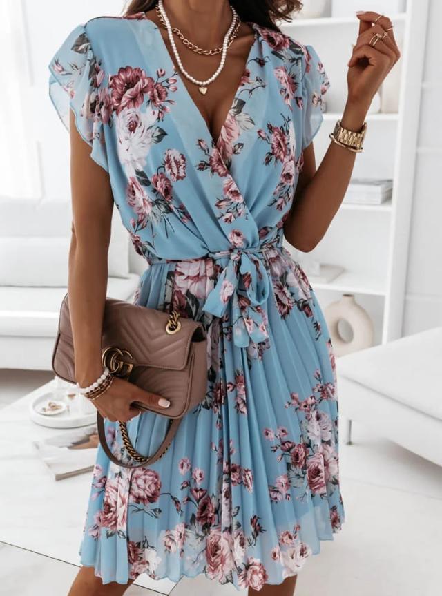 Stephanie Robe d'Été Femme – Robe Plissée Sans Manches à Imprimé Fleuri et Taille Haute pour un Confort Élégant
