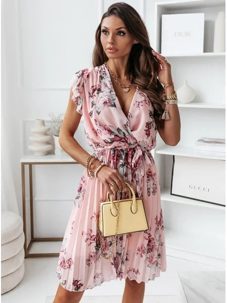 Stephanie Robe d'Été Femme – Robe Plissée Sans Manches à Imprimé Fleuri et Taille Haute pour un Confort Élégant