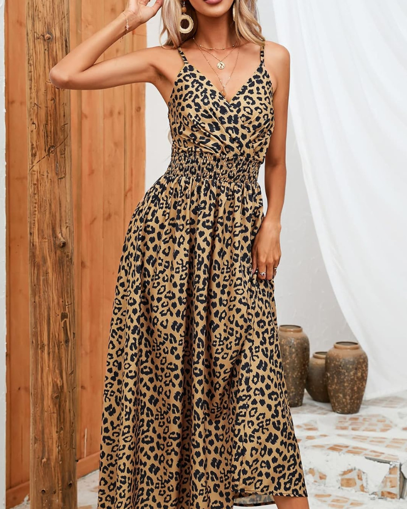Carmie Robe Femme Léopard Maxi – Bretelles, Dos Nu, Col V, Coupe A-Line Été