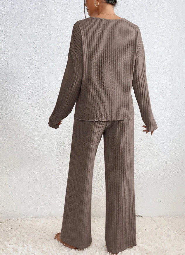 Ensemble en maille Kathy pour femme – Tenue d'intérieur confortable avec pull à col en V et pantalon doux
