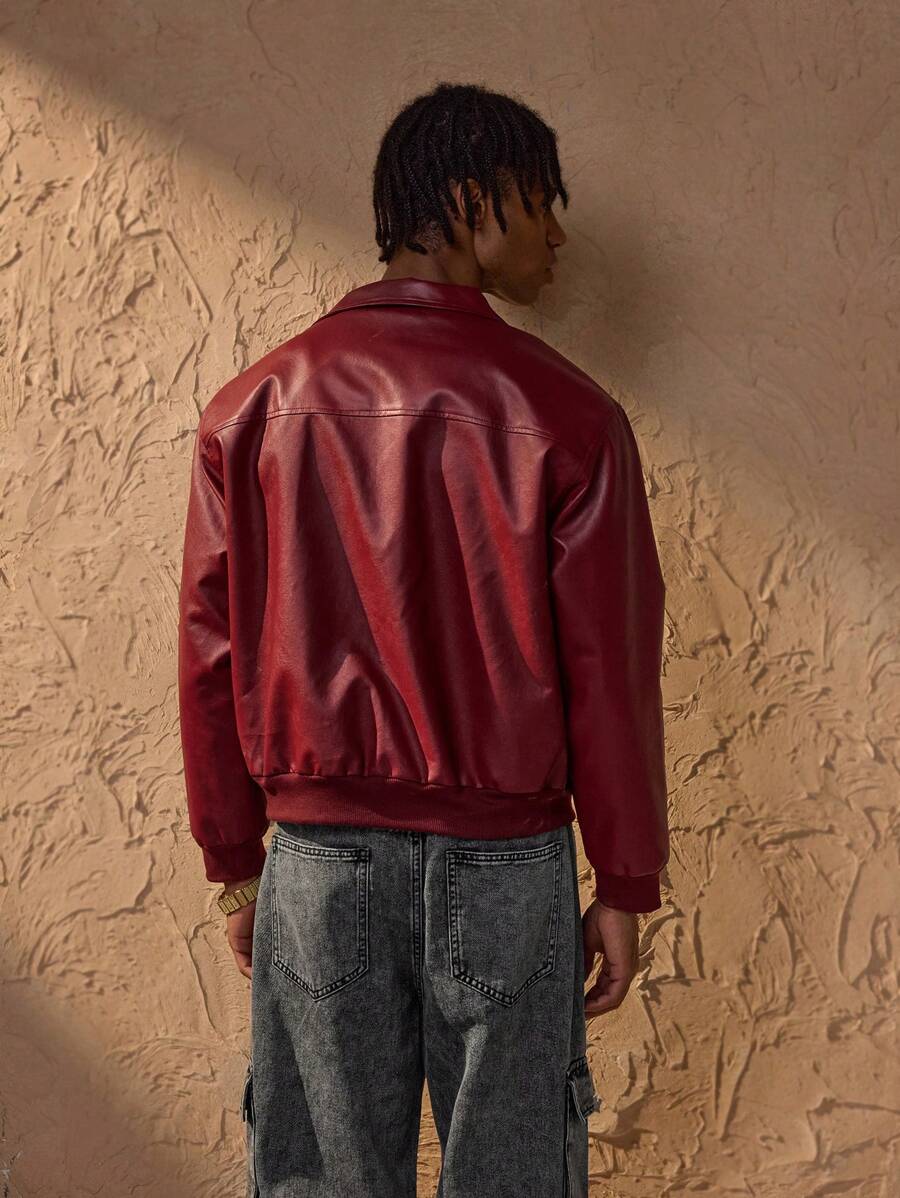 Vince Veste Homme Similicuir Rouge – Moderní zipová bunda s klesajícími rameny Městský styl