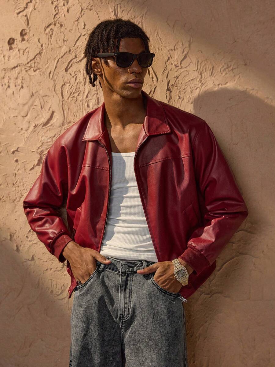 Vince Veste Homme Similicuir Rouge – Moderní zipová bunda s klesajícími rameny Městský styl