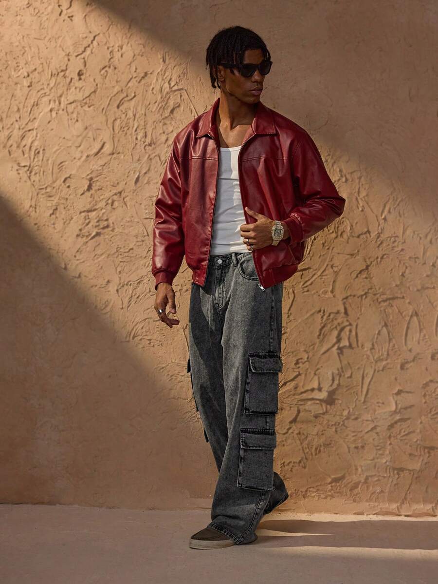 Vince Veste Homme Similicuir Rouge – Moderní zipová bunda s klesajícími rameny Městský styl