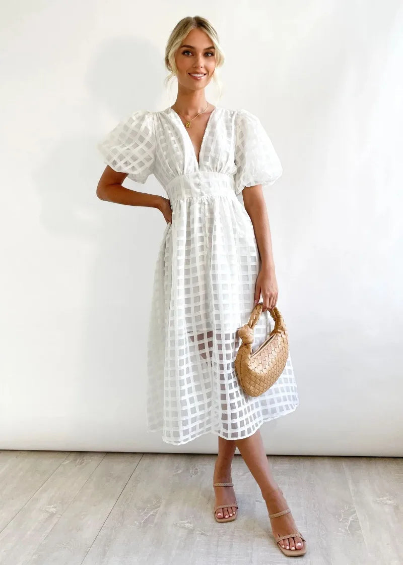 Mylene Robe Midi Femme – Robe à Carreaux Chic avec Volume & Couleur Vive
