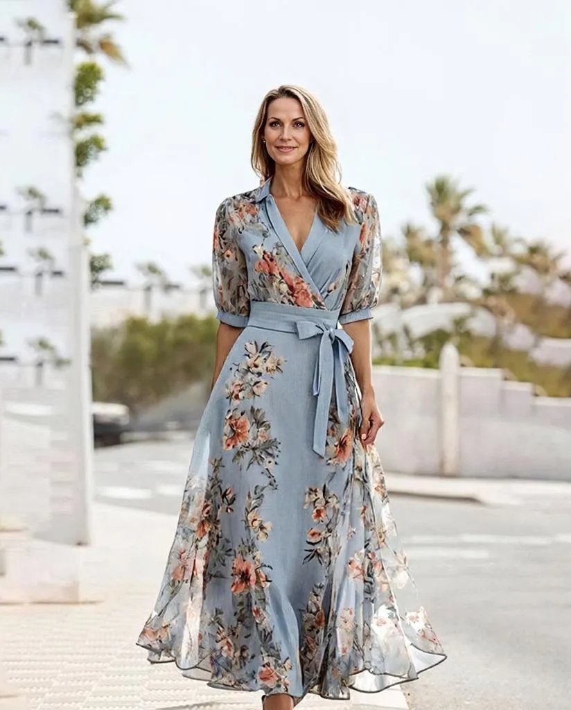 Aurelia Robe Midi Femme – Vestido elegante de manga corta y cuello en V para ocasiones festivas