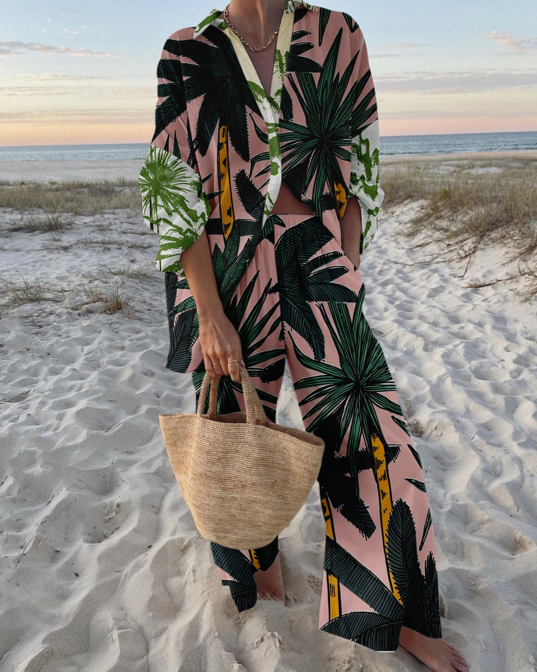 Chelsea női nyári szett – Könnyű pamut összeállítás trópusi pálma mintával és laza szabással
