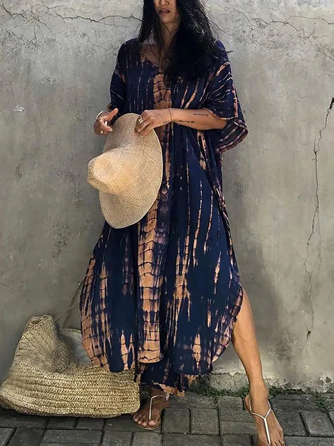 Camille Robe Kaftan Femme - Total længde, løs pasform, V-hals - Boheme Tie-Dye stil til sommeren