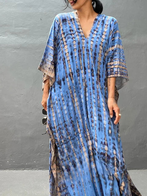 Camille Robe Kaftan Femme - Total længde, løs pasform, V-hals - Boheme Tie-Dye stil til sommeren
