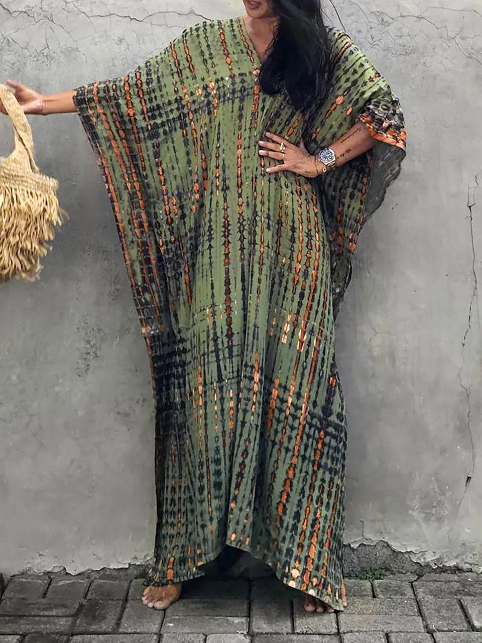 Camille haljina kaftan za žene - Ukupna duljina, širok kroj, V-izrez - Boemski stil vezanog bojenja za ljeto