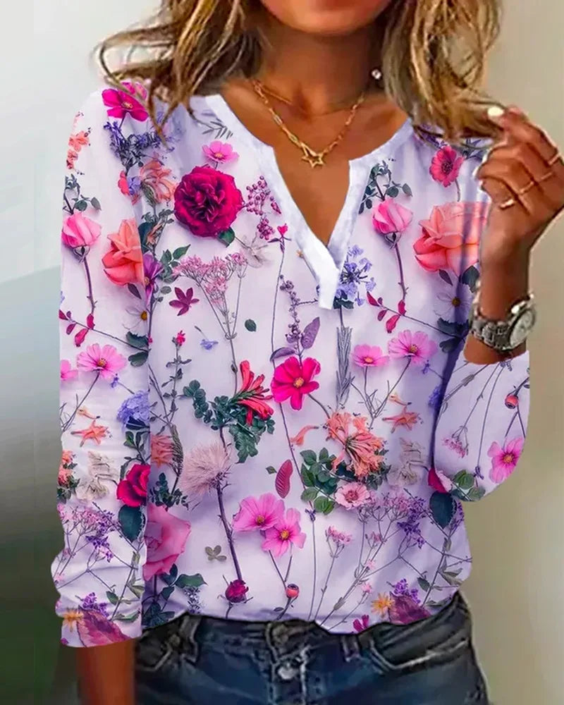 Clea Blouse Femme – Bluza boho ușoară cu decolteu în V, mâneci lungi și imprimeu floral