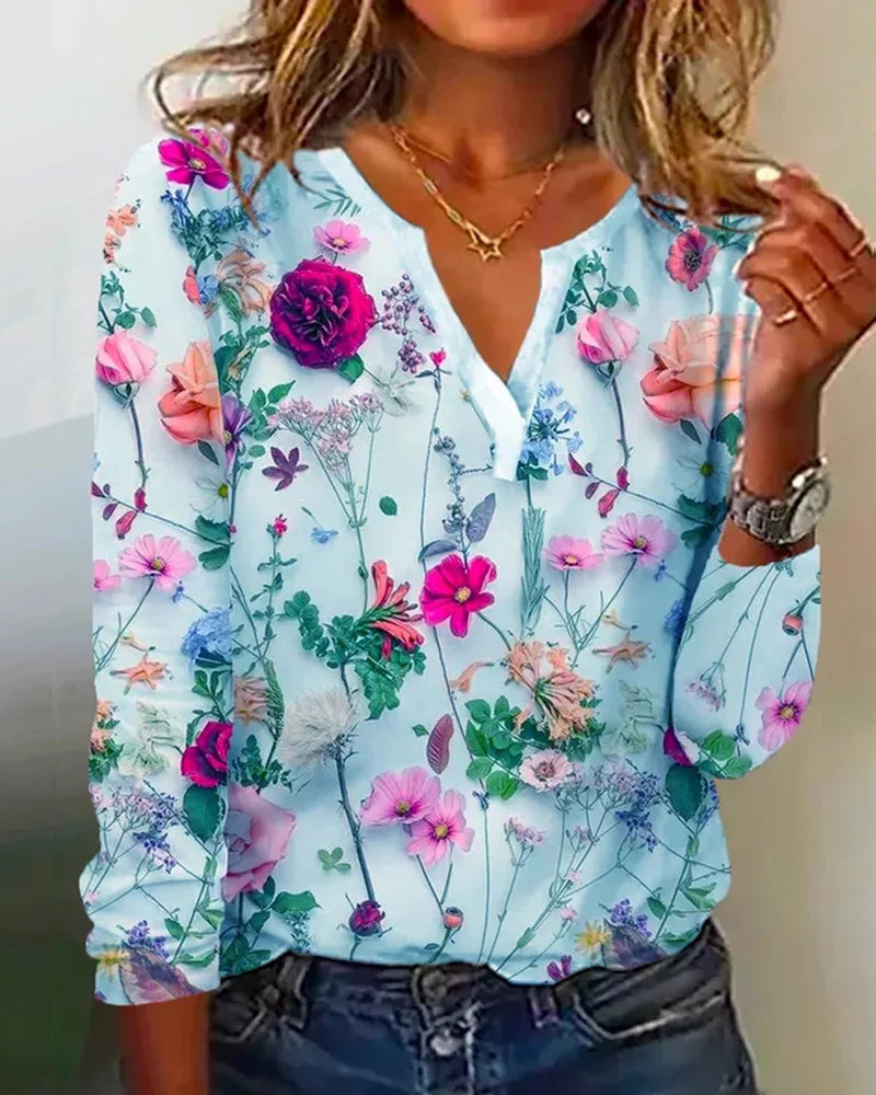 Clea Blouse Femme – Bluza boho ușoară cu decolteu în V, mâneci lungi și imprimeu floral