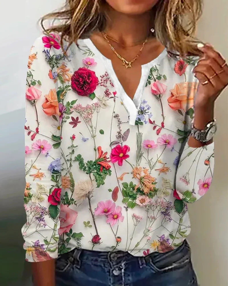 Clea Blouse Femme – Bluza boho ușoară cu decolteu în V, mâneci lungi și imprimeu floral