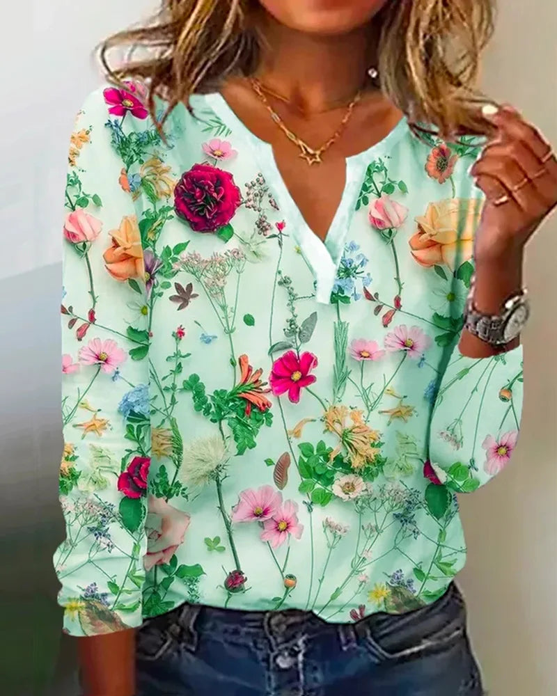 Clea Blouse Femme – Bluza boho ușoară cu decolteu în V, mâneci lungi și imprimeu floral