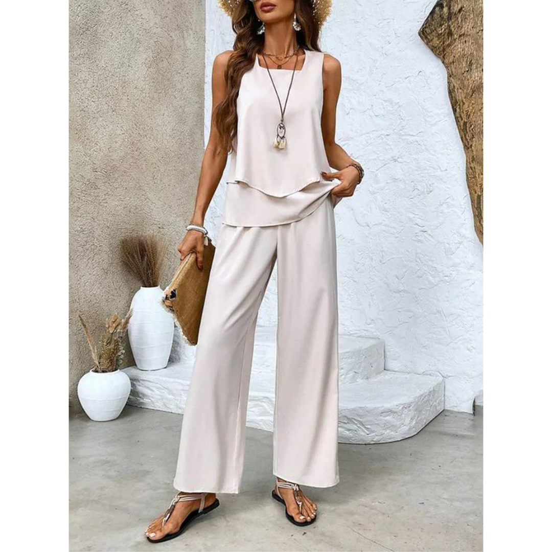 Σετ Dione για Γυναίκες – Κομψό Αμάνικο Σετ με Επάνω Μπλούζα και Φαρδύ Παντελόνι