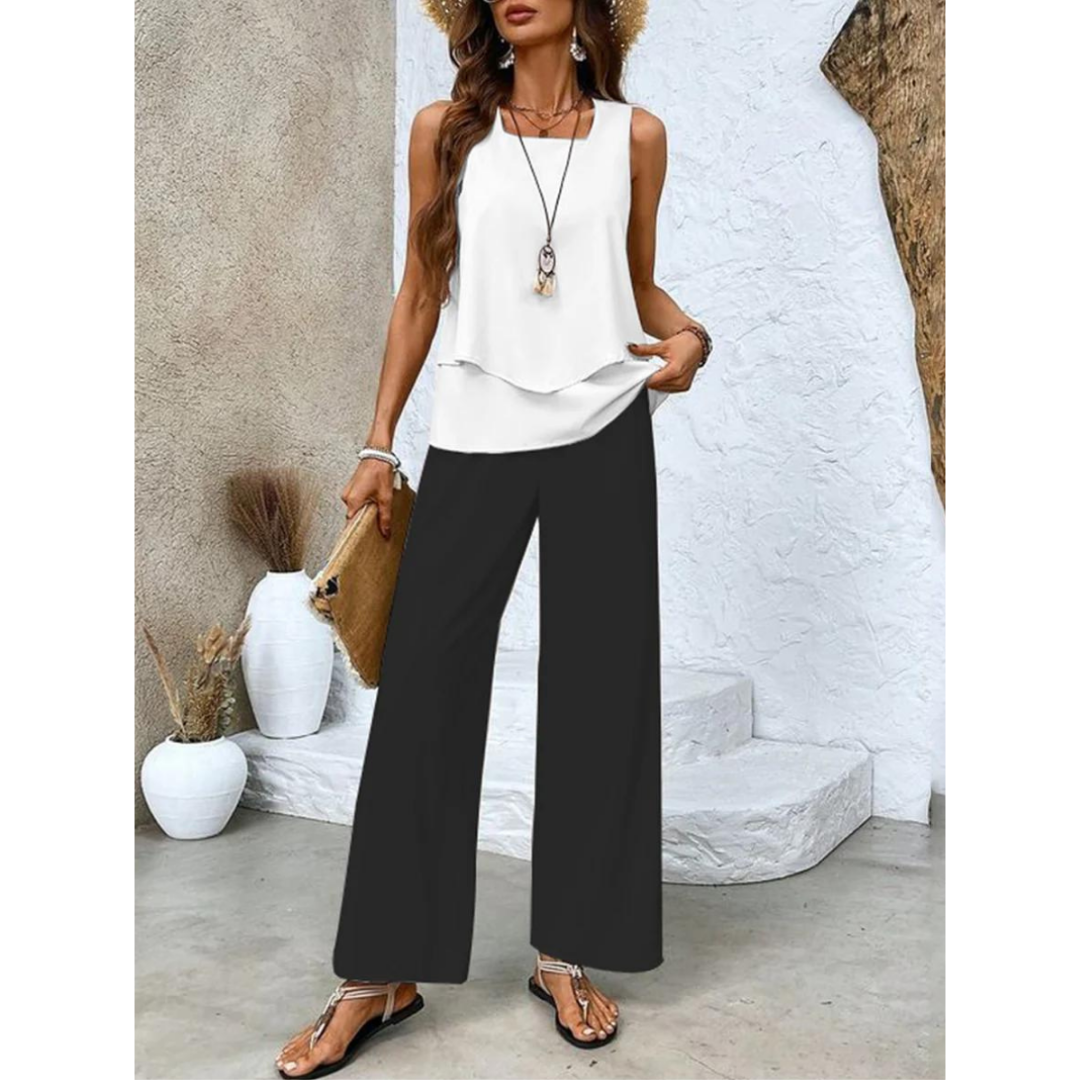 Dione Комплект для Жінок – Елегантний Комплект Без Рукавів з Накладним Топом і Широкими Штанами