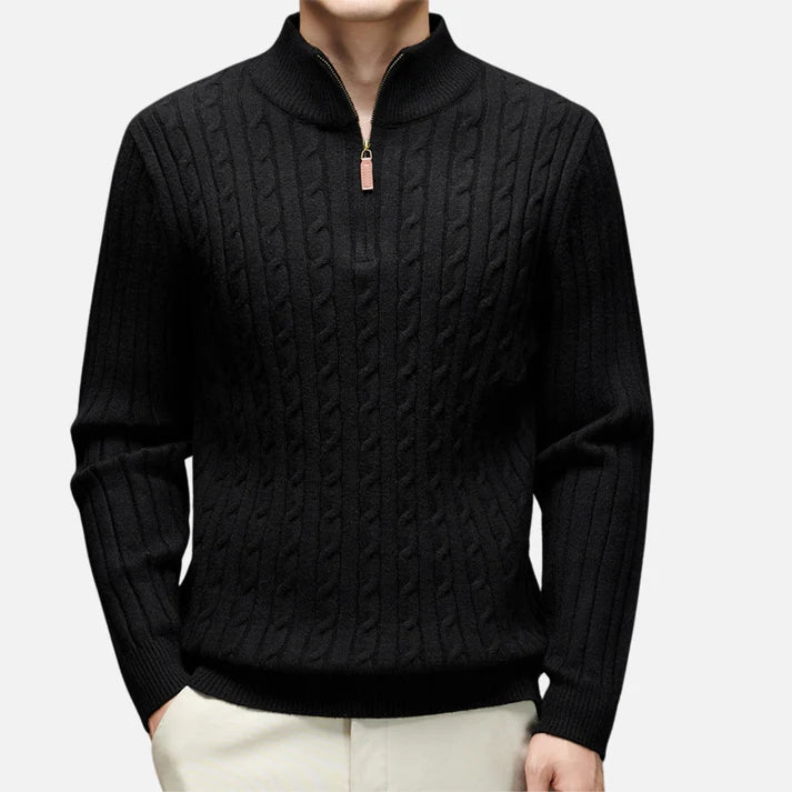 Chaud Pull à Col Polo Zippé à Moitié en Tricot Côtelé Pour Hommes