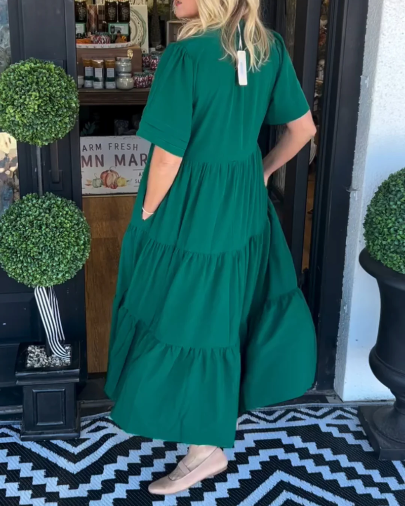 Robe Longue Femme Magnolia – Sommerkjole med lag, V-hals, sidelommer & komfortabel pasform